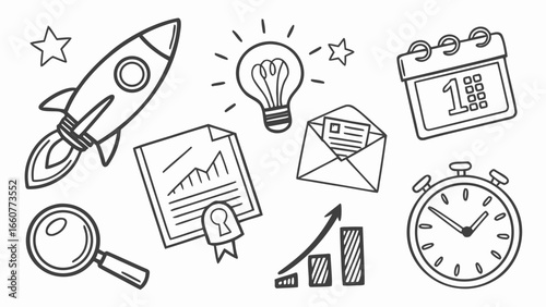 Hand drawn business icons, including rocket, bulb, calendar, stopwatch, magnifier, document, envelope and graph for startup and success