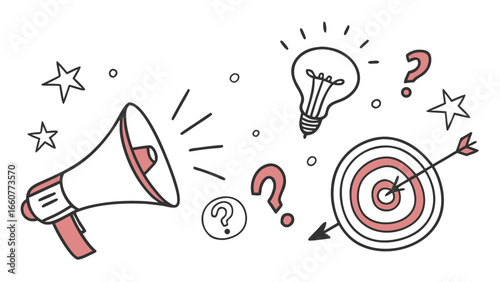 Marketing and business icons handdrawn megaphone, idea, target, and question mark in doodle style, vector illustration