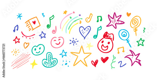 Playful doodles, featuring colorful stars, hearts, music notes, and smiling faces in a whimsical design, perfect for adding a fun touch to your artwork