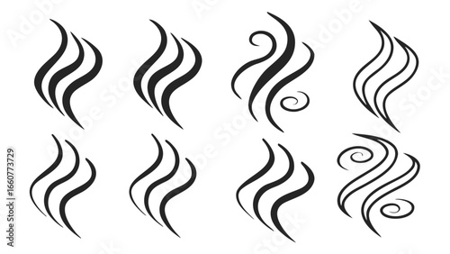 Set of steam vector illustration for design element, hot aroma of coffee, tea, graphic, abstract symbol, shape, line, wave, art, drawing, curve, vapor