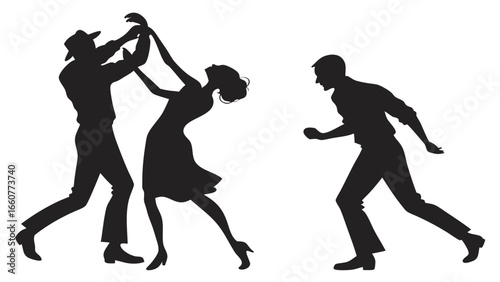 Silhouette of a dancing couple with a man running away, , portraying a scene of conflict, drama, and the complexities of relationships