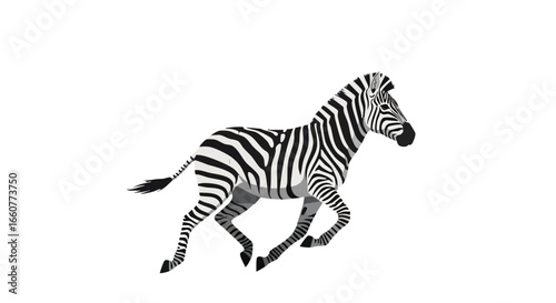 Stylized depiction of a zebra in full gallop on a white backdrop with dynamic pose and bold stripe contrasts, emphasizing speed and elegance