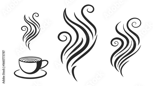 Steam vector illustration for design element, hot aroma of coffee, tea, cup, graphic, abstract symbol, shape, line, wave, art, drawing, curve, vapor