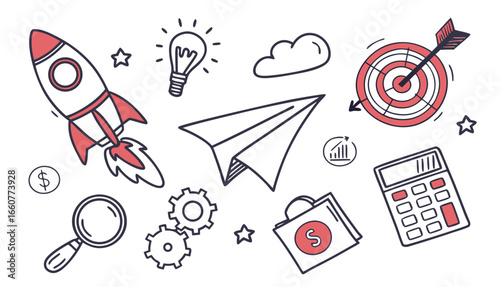 Hand drawn business doodles featuring a rocket, lightbulb, cloud, target, paper airplane, calculator, magnifier, gear, and shopping bag