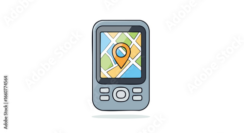 Cartoon style portable navigation device showcasing an application for easy route finding and journey direction through digital mapping illustration
