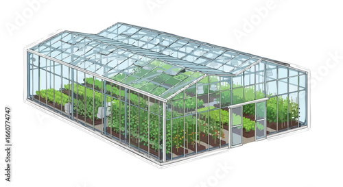 Detailed illustration of a greenhouse with thriving plants, showcasing a modern agricultural structure for botanical cultivation and research