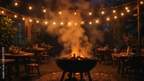 Atmospheric backyard barbecue party with illuminated string lights and grill, perfect for
