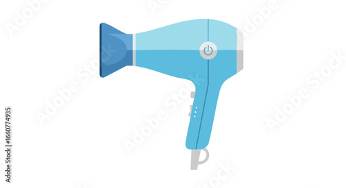 Stylized turquoise hair dryer illustration featuring an icon of a hair device, flat and simple design promoting beauty tools