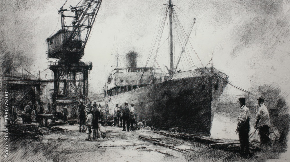 Fototapeta premium Charcoal sketch of a docked cargo ship with figures and a large loading crane
