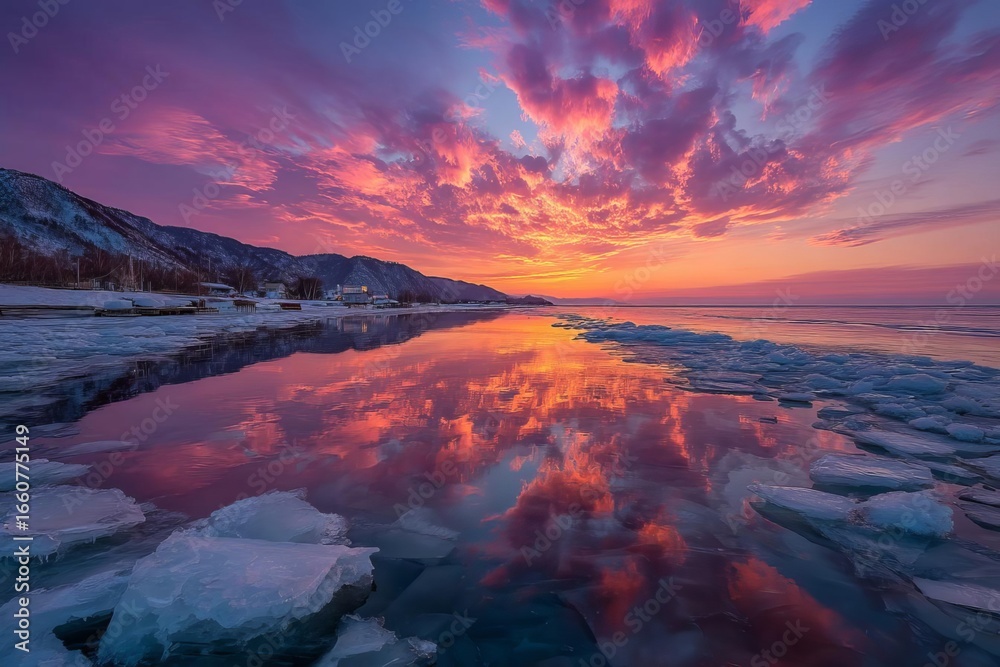 Fototapeta premium Vibrant sunset reflects on icy water, mountains and clouds