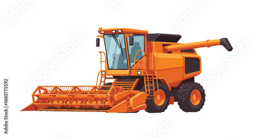 Striking orange harvester machinery illustration, showcasing intricate agricultural equipment details against a clean white background for design