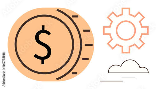 Dollar coin with bold outlines, gear indicating technology, cloud for innovation. Ideal for finance, business, fintech, strategy, economic growth cloud computing operations. Simple flat metaphor