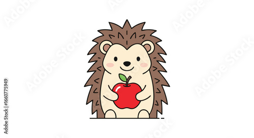 Delightful hedgehog illustration holding a bright red apple, showcasing playful whimsy and inviting a sense of childlike wonder and simplistic charm