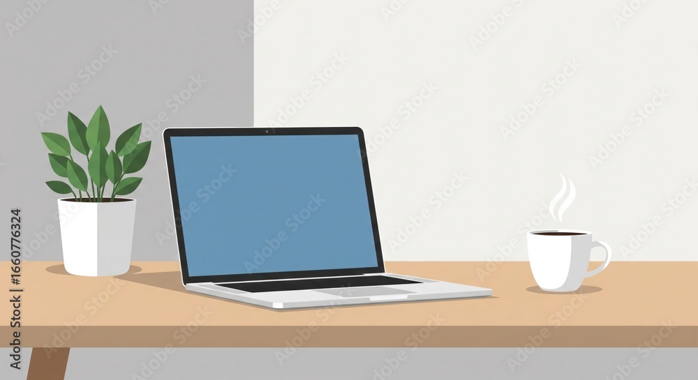 Fototapeta premium Laptop and coffee on a wooden desk next to a potted plant