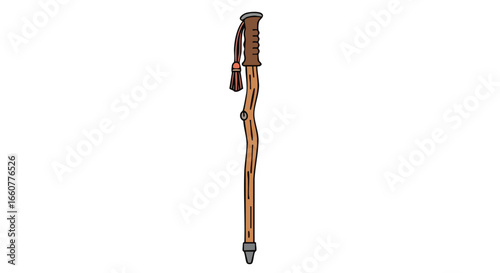 Detailed illustration of a hand-carved walking stick with ornamental tassel against a clean white background for versatile use