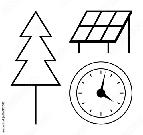 Tree, solar panel, and clock representing environmental care, renewable energy, and time management. Ideal for sustainability, clean energy, conservation, eco-awareness time efficiency green