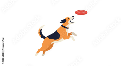 Delightful beagle leaps high for a red disc in vector illustration, showcasing energy and athleticism, perfect for pet-themed visuals or playful