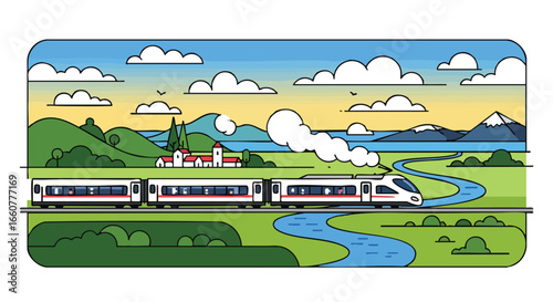 Scenic train journey illustration with vibrant landscape and modern high-speed train capturing the essence of travel adventure and scenic exploration