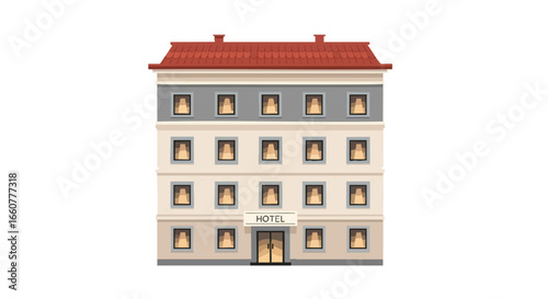 Charming City Hotel Facade Illustration with Multiple Floors and Red Tile Roof Creating a Welcoming Ambience for Tourists and Vacationers Seeking