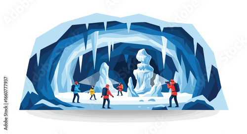 Exploring the frozen depths: A vector illustration of a group venturing into an ice cave wonderland