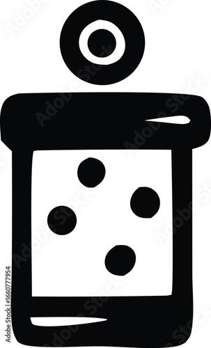 Abstract black and white symbol of a container with dots and a circular top element iconic representation of storage or containment simple graphic design