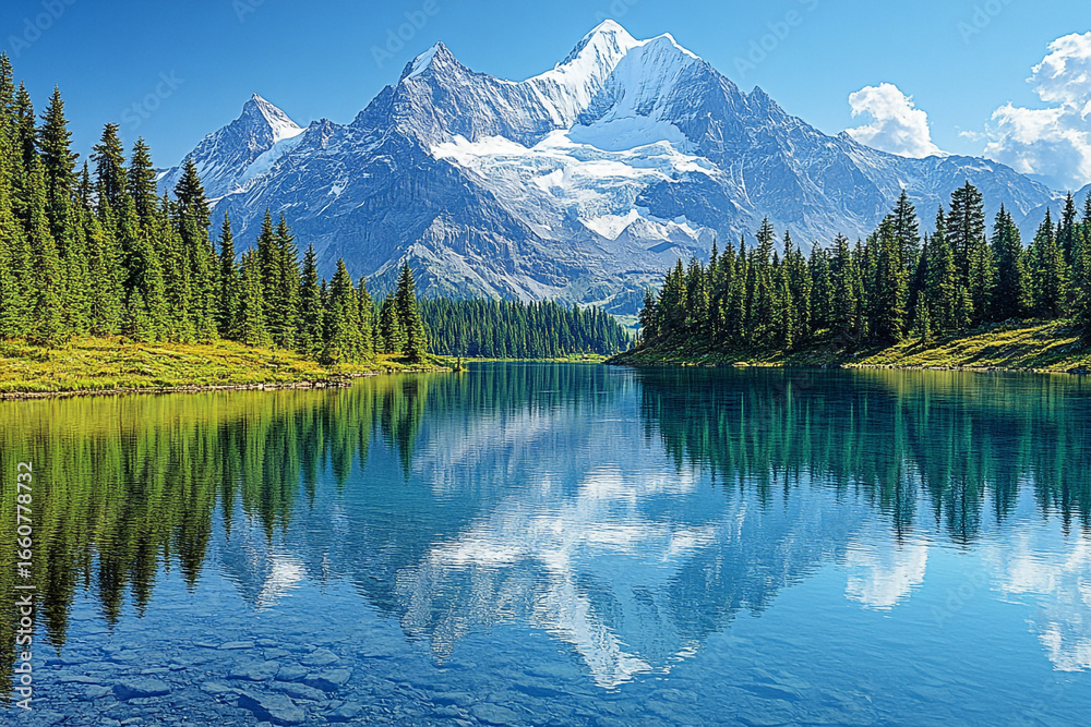 Naklejka premium A majestic mountain range with snow-capped peaks, reflected in a crystal-clear alpine lake, surrounded by pine trees.