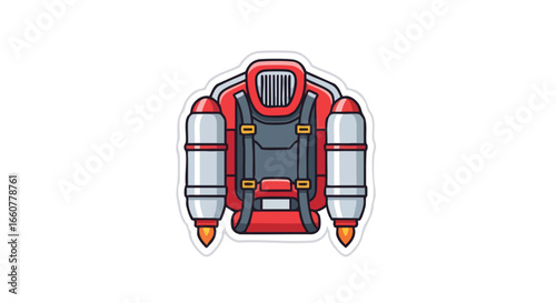 Cartoon illustration of a rocket jetpack, futuristic adventure gear for space travel and high flying escapades, design for explorers and adventurers