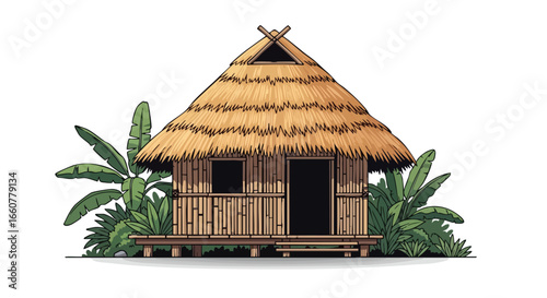 Tranquil Tropical Getaway: A Rustic Bamboo Hut Nestled Amidst Lush Banana Leaf Plants in a Paradise Retreat