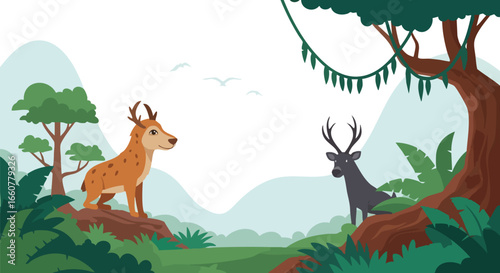 Animated wildlife sanctuary featuring two deer amidst lush greenery and serene backdrop scenery ideal for kids illustration and nature themed prints