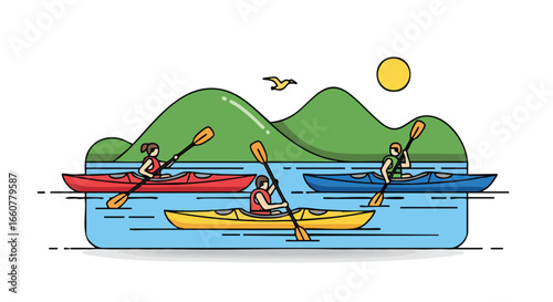 Illustrative depiction of individuals leisurely paddling kayaks amidst serene waters framed by verdant hills and a radiant sun graphic design