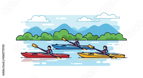 Serene Kayaking Adventure on the Lake: Cartoon Illustration of People Kayaking Under a Blue Sky with Mountains in the Background