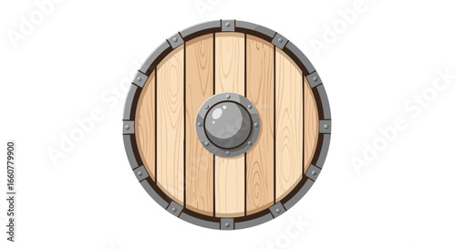 Illustration of a sturdy wooden shield with metal accents, designed for historical reenactment or fantasy settings and display piece