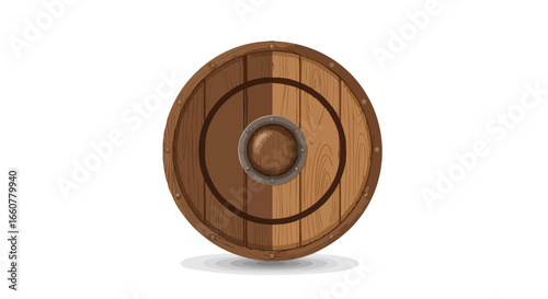 Cartoon style viking shield illustration depicting traditional defense gear with circular wooden construction, accentuated with metallic accents and