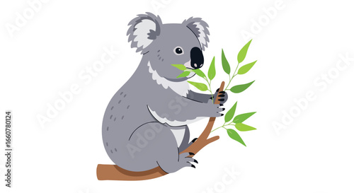 Cartoon depiction of a koala perched on a tree branch while feasting on eucalyptus leaves, showcasing simplistic charm and vector illustration style
