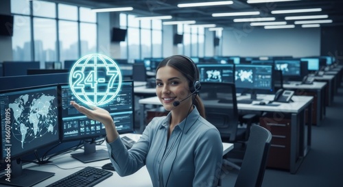 Smiling agent presents 24/7 globe icon in bright, modern call center setting