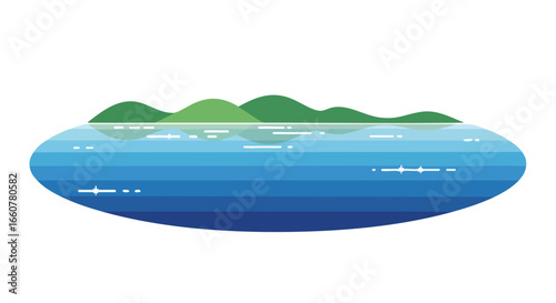 Stylized minimal seascape with layered blue water and green hills creating a tranquil and serene ambiance evoking simple beauty landscape