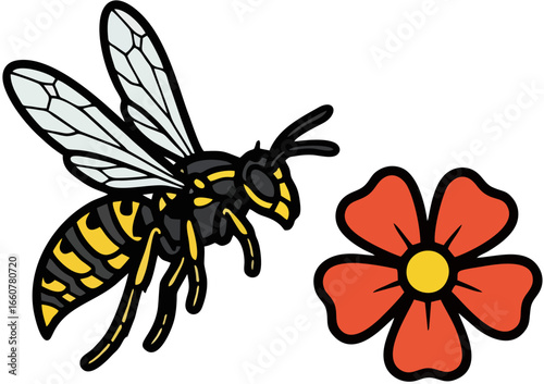Bee Flying Near Red Flower Vector Icon