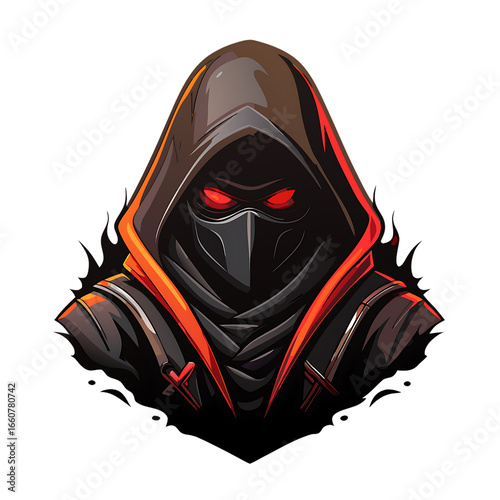 assassin with red eyes wearing hoodie logo esports isolated on white background, png, ai generated.
