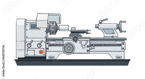 Detailed machine lathe illustration showcasing precision engineering and manufacturing with intricate mechanical components and construction details