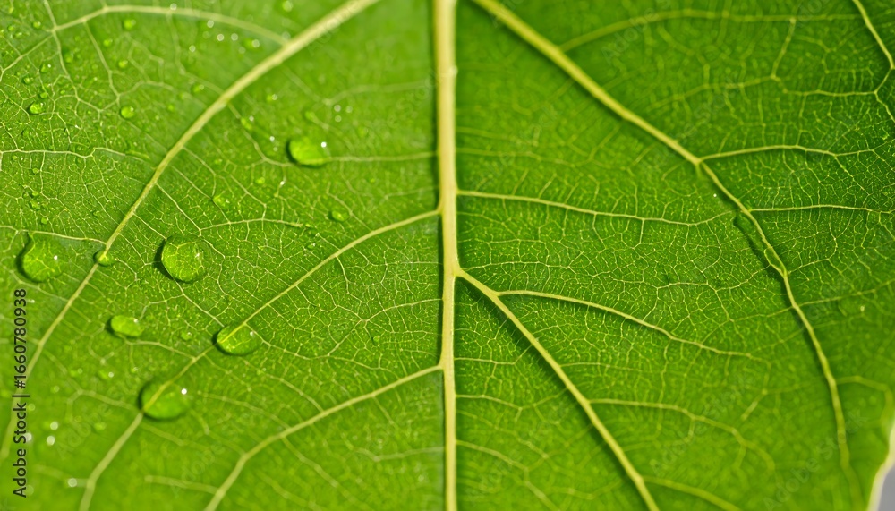 Fototapeta premium Close-up of Green Leaf with Water Droplets Showing Veins and Texture