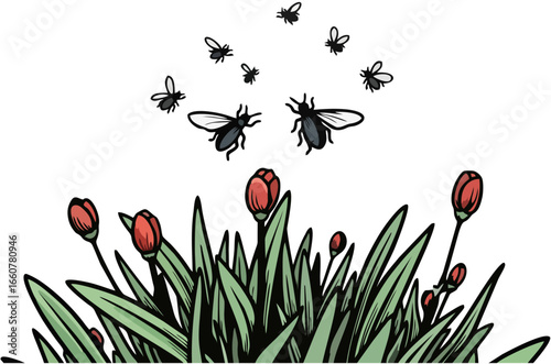 Mosquito Swarm Above Grass Vector Illustration