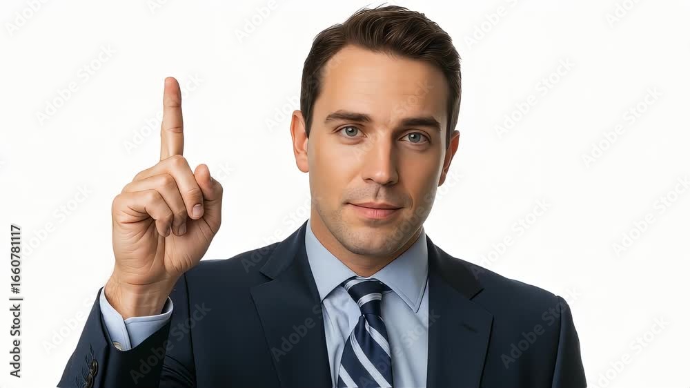 A businessman wearing a navy blue suit and striped tie pointing up A businessman wearing a navy blue suit and striped tie pointing up