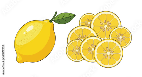 A vibrant illustration depicting a whole lemon and a cluster of lemon slices with clear details and bright colors creates an image that evokes