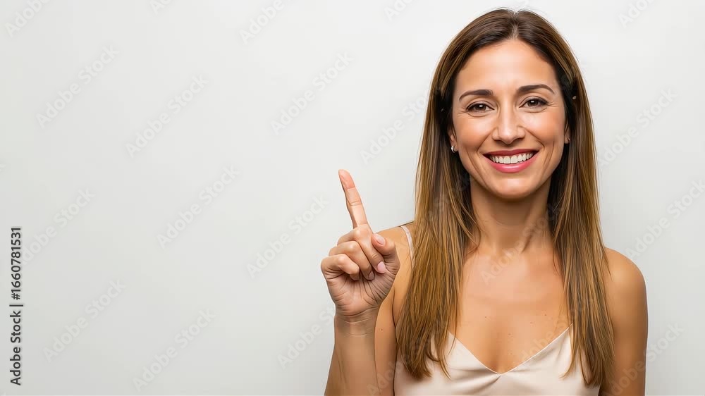 A woman wearing a beige camisole and pointing up with a smile A woman wearing a beige camisole and pointing up with a smile