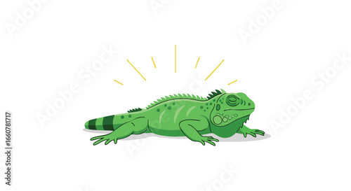Relaxed iguana illustration basking in sunshine, exuding calmness and serenity on a clear background, perfect for educational or artistic design