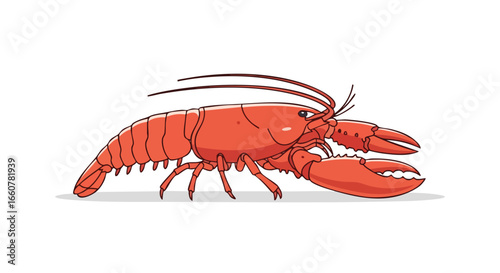 Cartoon depiction of a vibrant scarlet lobster with detailed exoskeleton and exaggerated claws rendered against a clean backdrop for illustrative