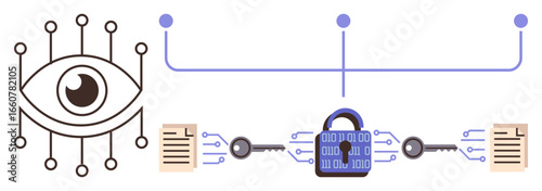 Eye with network branches, documents, lock, and keys interconnected symbolizing data encryption, privacy, and security mechanisms. Ideal for cybersecurity, data protection, encryption network
