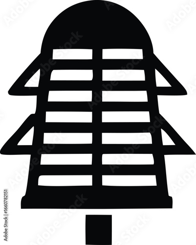 Silhouette of a stylized tree with layered branches and a rounded top resembling a lantern or bell shape.