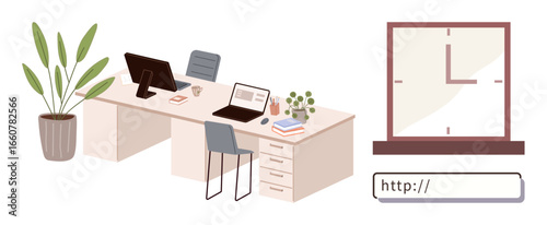 Workspace setup with desks, laptops, indoor plant, and books alongside a clocked window and web browser bar. Ideal for office, work culture, productivity, time management, minimalism online