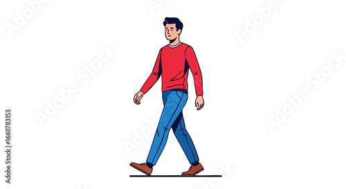 Man walking with a confident stride in casual attire showcasing movement and style, creating a dynamic visual representation of everyday life and